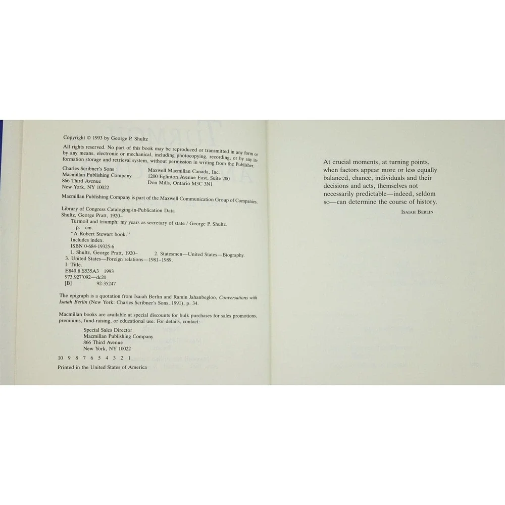 Signed‎ George P. Shultz Turmoil and Triumph 1st Ed +1994 Castle Harlan Letter